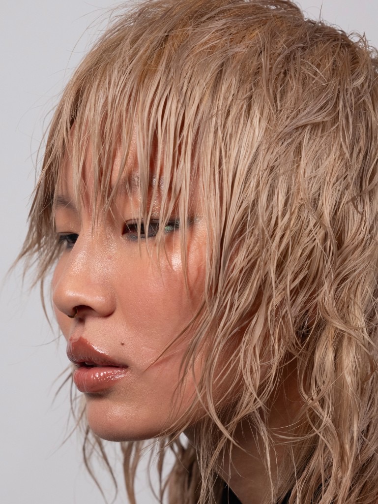 wet blonde textured close-up portrait